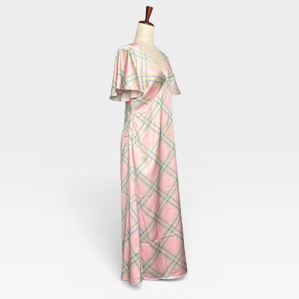 New Petal & Pup Dress Satin Pink Plaid Maxi Dress Size Medium - Picture 5 of 11